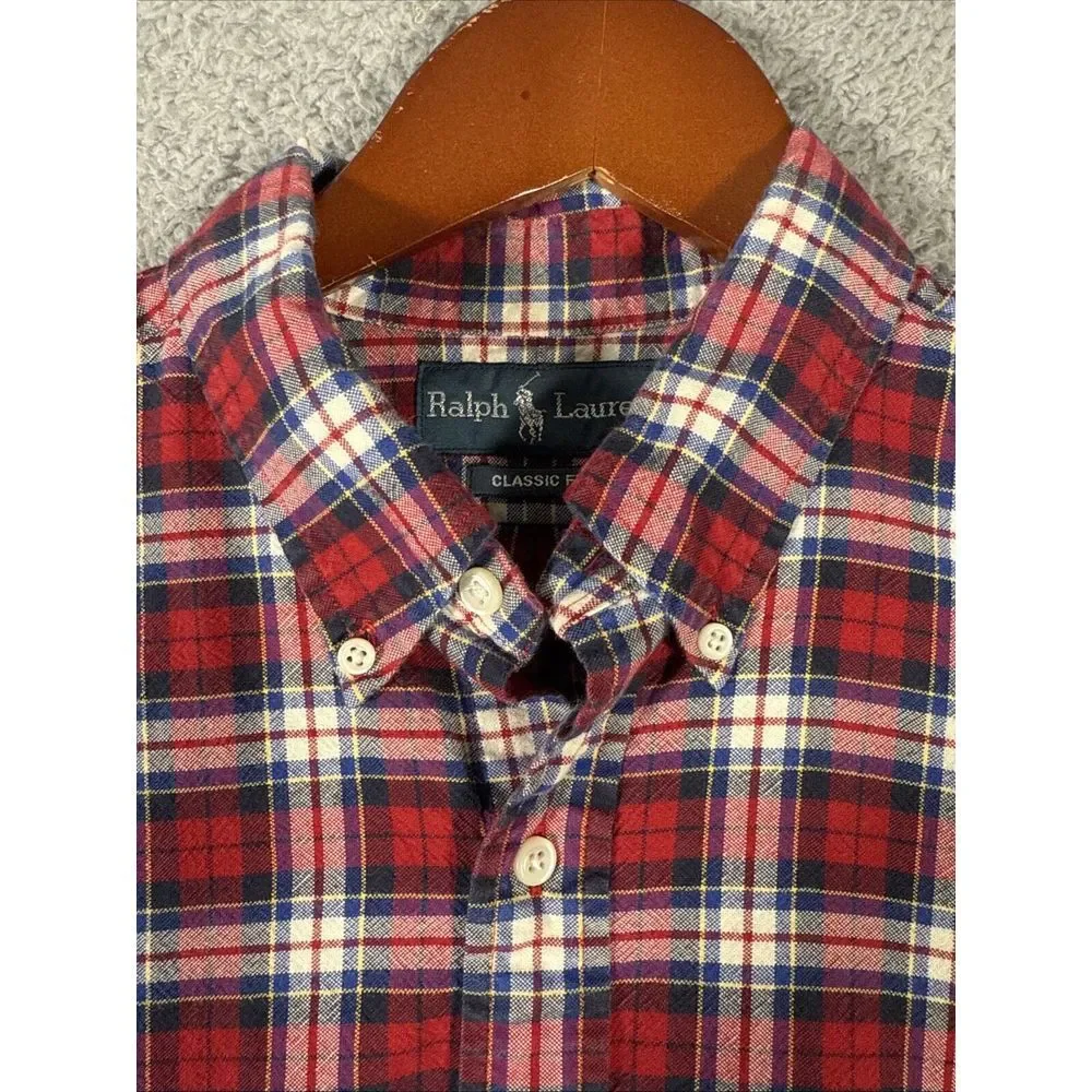 VTG Polo Ralph Lauren Shirt Mens Large Red‎ Plaid Blue Pony